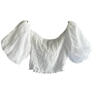 H&M Woman’s White Smocked Balloon Bubble Sleeve Whimsy Boho Crop Top NWOT Size S